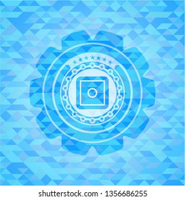 bank safe icon inside sky blue emblem with mosaic ecological style background