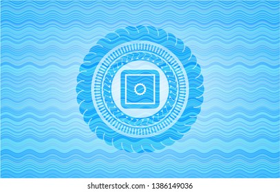 bank safe icon inside sky blue water style badge.