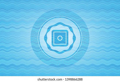 bank safe icon inside sky blue water badge.