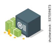 Bank safe with money dollar stacks. Safe open with money. Vector 3d isometric illustration.