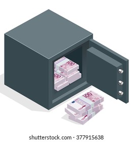 Bank safe with money euro stacks. Safe open with money. Vector 3d isometric illustration