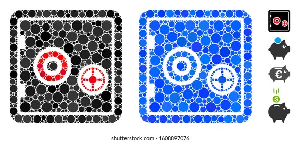 Bank safe mosaic of small circles in variable sizes and color tinges, based on bank safe icon. Vector small circles are grouped into blue collage. Dotted bank safe icon in usual and blue versions.