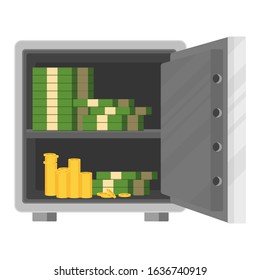 Bank safe. Open door of metal deposit safe with money. Bundle of money and stack of coins.Flat vector cartoon illustration.