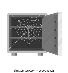 Bank safe. Open empty metal deposit  safe with cobweb inside. Metaphor of bankruptcy, poverty, ruin. Theft and fraud. Deception of depositors and customers of the bank. Flat vector.