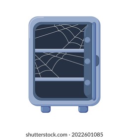 Bank safe. Open empty metal deposit safe with cobweb inside. Metaphor of bankruptcy, poverty, ruin. Theft and fraud. Deception of depositors and customers of the bank. Flat vector.