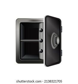 Bank Safe Opened And Empty Metallic Tool Vector. Open Steel Bank Safe For Storage Finance, Gold And Document. Banking Safety Box For Saving Cash, Security Equipment Template Realistic 3d Illustration