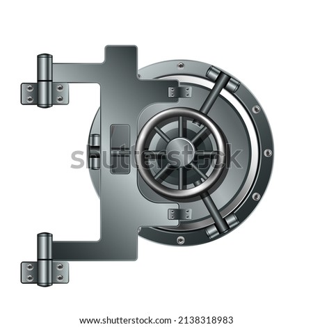 Bank Safe Security Lock Protect Mechanism Vector. Bank Safe Protective And Secured System For Saving Treasure. Vault Stainless Door With Weld And Rivet Template Realistic 3d Illustration