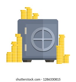 Bank safe. Stacks of gold coins. Lots of money and wealth. Storage of finances and deposits. Business operation. Cash. Metal box. Cartoon flat illustration