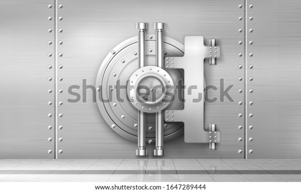Bank safe and vault door, metal steel round\
gate mechanism in empty bunker room with tiled floor and durable\
walls with welds and rivets. Storage for gold and money, Realistic\
3d vector illustration