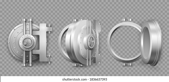 Анимация последовательности движения открытия двери банковского сейфа. Металлические стальные круглые ворота закрываются, слегка приоткрыты и открыты, изолированный механизм со сварными швами и заклепками. Хранение золота и денег, реалистичный 3d векторный набор