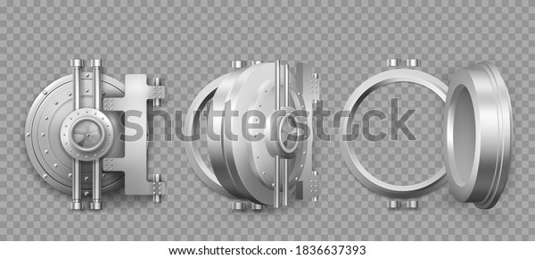 Bank safe vault door opening motion sequence\
animation. Metal steel round gate close, slightly ajar and open,\
isolated mechanism with welds and rivets. Gold and money storage,\
Realistic 3d vector set