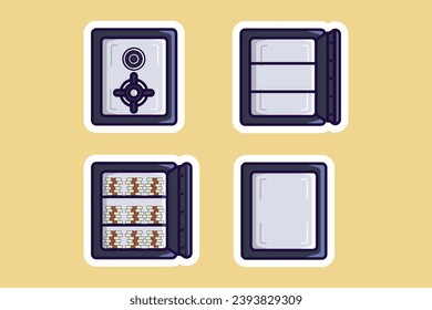 Ilustración vectorial de diseño de la etiqueta Bank Save Vault Box Sticker. Concepto de icono de objeto de finanzas comerciales. Concepto de depósito seguro, diseño de etiquetas adhesivas de caja de seguridad financiera, iconos con sombra.