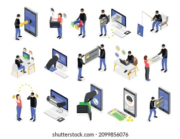 Bank scammers isometric icons collection with people stealing money and payment data from smartphones and gadgets vector illustration