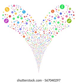 Bank Seal fireworks stream. Vector illustration style is flat bright multicolored iconic symbols on a white background. Object double fountain organized from random pictographs.