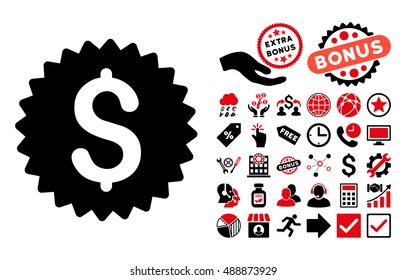 Bank Seal pictograph with bonus design elements. Vector illustration style is flat iconic bicolor symbols, intensive red and black colors, white background.