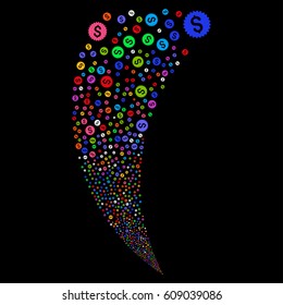 Bank Seal random fireworks stream. Vector illustration style is flat bright multicolored iconic symbols on a black background. Object fountain made from scattered pictographs.