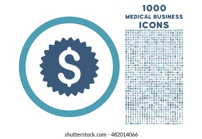 Bank Seal rounded vector bicolor icon with 1000 medical business icons. Set style is flat pictograms, cyan and blue colors, white background.