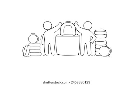 Bank secure icon with money and lock. Doodle icon of safe payment, finance protection with gold coins, padlock and people. Concept of money safety, protect cash, vector sketch illustration