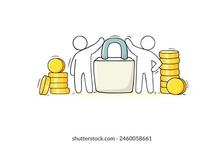 Bank secure icon with money and lock. Doodle icon of safe payment, finance protection with gold coins, padlock and people. Concept of money safety, protect cash, vector sketch illustration