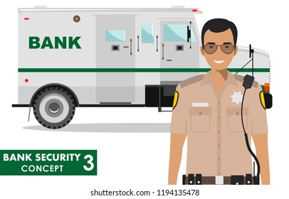 Bank security concept. Detailed illustration of bank armored car and security guard on white background in flat style. Vector illustration.