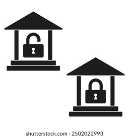 Bank security icons. Lock and building symbols. Black and white. Vector illustration.