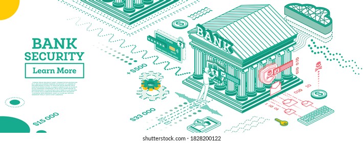 Seguridad bancaria. Pago seguro. Ilustración vectorial. Esquema de construcción de banco en estilo isométrico. Ataque de hackers.