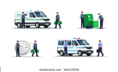 Bank security work semi flat RGB color vector illustration set. Guards in bulletproof vests. Police officers for money protection isolated cartoon character on white background collection