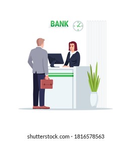 Bank semi flat RGB color vector illustration. Man talk with advisor on reception. Cashier with male client. Financial consultant with customer isolated cartoon characters on white background