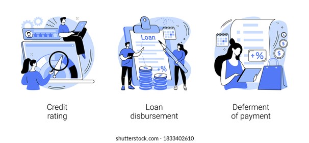 Bank service abstract concept vector illustration set. Credit rating, loan disbursement, deferment of payment, risk evaluation, student loan, payment terms, financial hardship abstract metaphor.