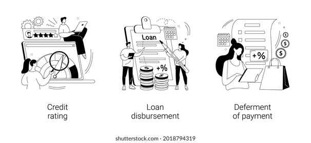 Bank Service Abstract Concept Vector Illustration Set. Credit Rating, Loan Disbursement, Deferment Of Payment, Risk Evaluation, Student Loan, Payment Terms, Financial Hardship Abstract Metaphor.