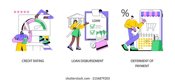 Bank Service Abstract Concept Vector Illustration Set. Credit Rating, Loan Disbursement, Deferment Of Payment, Risk Evaluation, Student Loan, Payment Terms, Financial Hardship Abstract Metaphor.