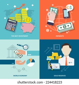 Bank service best investment payments world economy gold reserves flat icons set isolated vector illustration