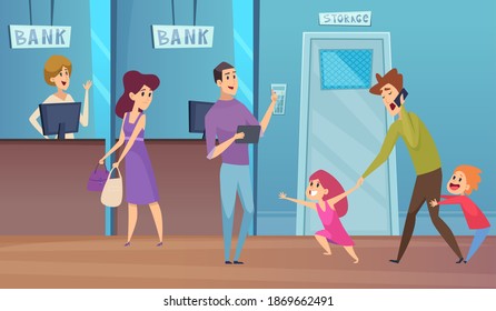 Bank service. Busy dad and kids, financial conculting vector illustration