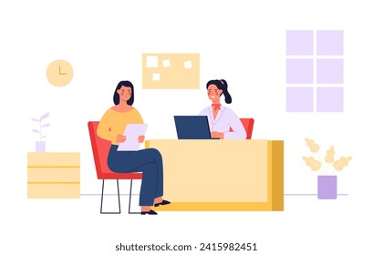 Bank service employees and clients. Cartoon customer coming to office with documents. Female character sitting at desk with laptop and consulting woman. Assisting person at work vector