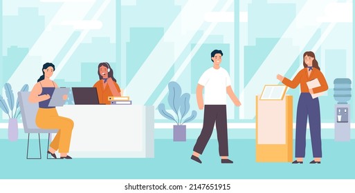 Bank service employees and clients, getting credit. Vector bank client and employee, office financial, finance business and worker character illustration