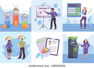 Bank service flat compositions set with credit score calculator online loan application automatic teller machine vector illustration 