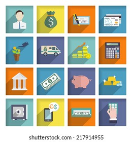 Bank Service Flat Icons Set With Money Box Storage Check Isolated Vector Illustration