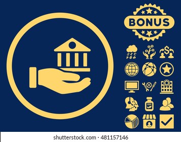 Bank Service Hand icon with bonus. Vector illustration style is flat iconic symbols, yellow color, blue background.