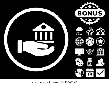 Bank Service Hand icon with bonus. Vector illustration style is flat iconic symbols, white color, black background.