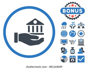 Bank Service Hand icon with bonus. Vector illustration style is flat iconic bicolor symbols, smooth blue colors, white background.