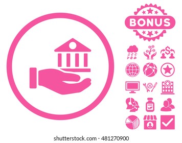 Bank Service Hand icon with bonus. Vector illustration style is flat iconic symbols, pink color, white background.