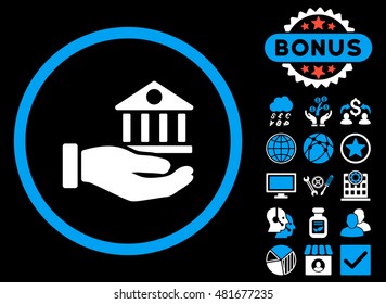 Bank Service Hand icon with bonus. Vector illustration style is flat iconic bicolor symbols, blue and white colors, black background.