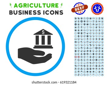 Bank Service Hand rounded icon with agriculture business pictogram set. Vector illustration style is a flat iconic symbol inside a circle, blue and gray colors.