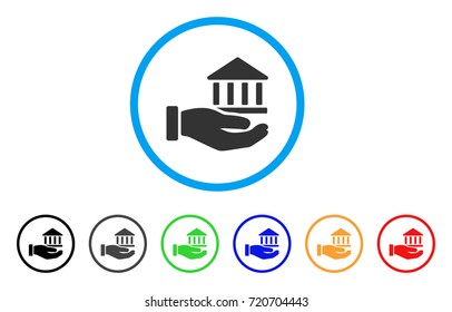 Bank Service Hand rounded icon. Style is a flat bank service hand grey symbol inside light blue circle with black, gray, green, blue, red, orange versions.