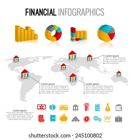 Bank service money financial infographic set with world map and charts vector illustration.