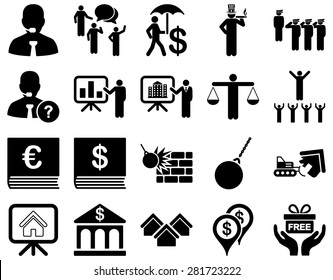 Bank service and people occupation icon set. These flat symbols use black color. Vector images are isolated on a white background. Angles are rounded.