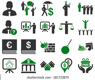 Bank service and people occupation icon set. These flat bicolor symbols use green and gray colors. Vector images are isolated on a white background. Angles are rounded.