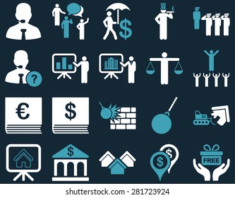 Bank service and people occupation icon set. These flat bicolor symbols use blue and white colors. Vector images are isolated on a dark blue background. Angles are rounded.