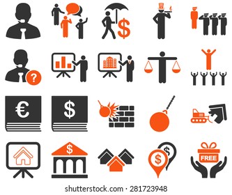Bank service and people occupation icon set. These flat bicolor symbols use orange and gray colors. Vector images are isolated on a white background. Angles are rounded.
