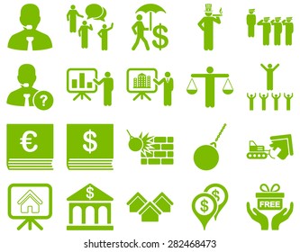 Bank service and people occupation icon set. These flat symbols use eco green color. Vector images are isolated on a white background. Angles are rounded.